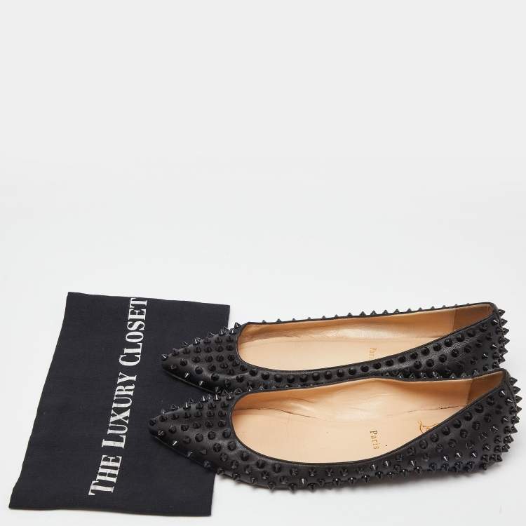 Pre Owned Christian Louboutin Black Leather Pigalle Spikes Ballet Flats Size 41.5