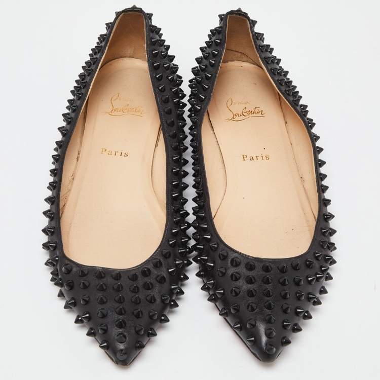 Pre Owned Christian Louboutin Black Leather Pigalle Spikes Ballet Flats Size 41.5
