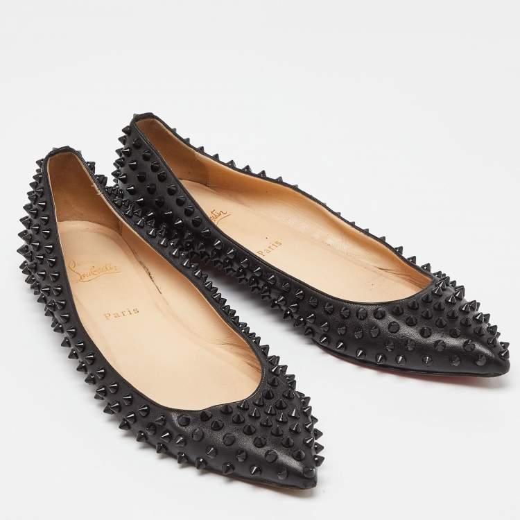 Pre Owned Christian Louboutin Black Leather Pigalle Spikes Ballet Flats Size 41.5