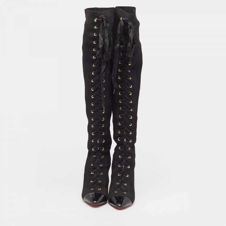 Pre Owned Christian Louboutin Black Knit Fabric Sock Boots Size 37