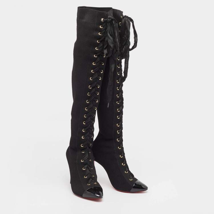 Pre Owned Christian Louboutin Black Knit Fabric Sock Boots Size 37
