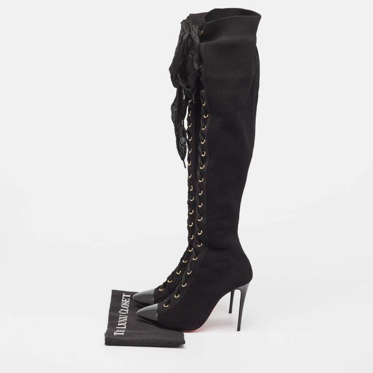 Pre Owned Christian Louboutin Black Knit Fabric Sock Boots Size 37