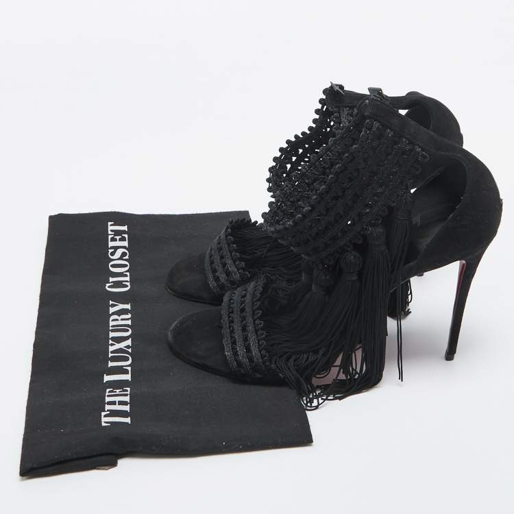 Pre Owned Christian Louboutin Black Lace and Suede Palma Macrame Sandals Size 40