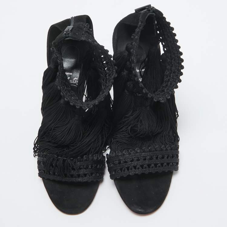 Pre Owned Christian Louboutin Black Lace and Suede Palma Macrame Sandals Size 40