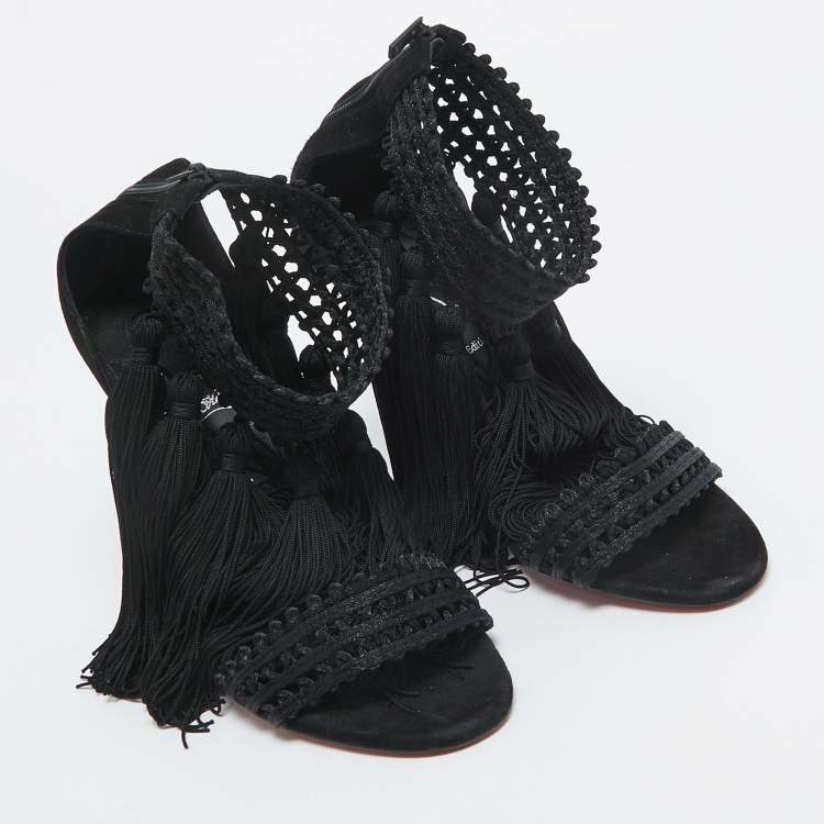 Pre Owned Christian Louboutin Black Lace and Suede Palma Macrame Sandals Size 40