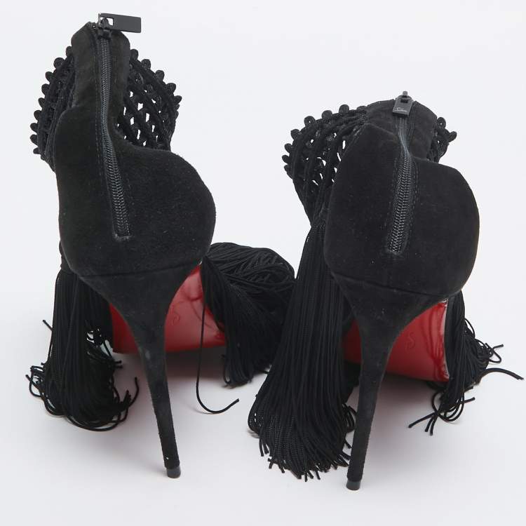 Pre Owned Christian Louboutin Black Lace and Suede Palma Macrame Sandals Size 40