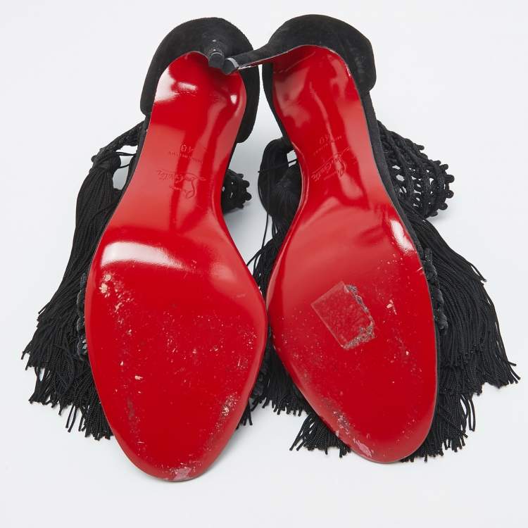 Pre Owned Christian Louboutin Black Lace and Suede Palma Macrame Sandals Size 40