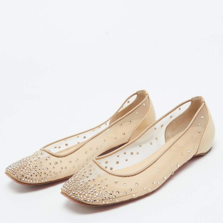 Pre Owned Christian Louboutin Beige Crystal Embellished Mesh Square Toe Ballet Flats Size 38.5