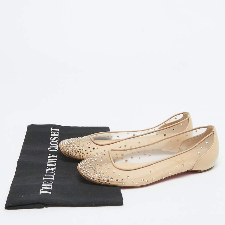 Pre Owned Christian Louboutin Beige Crystal Embellished Mesh Square Toe Ballet Flats Size 38.5