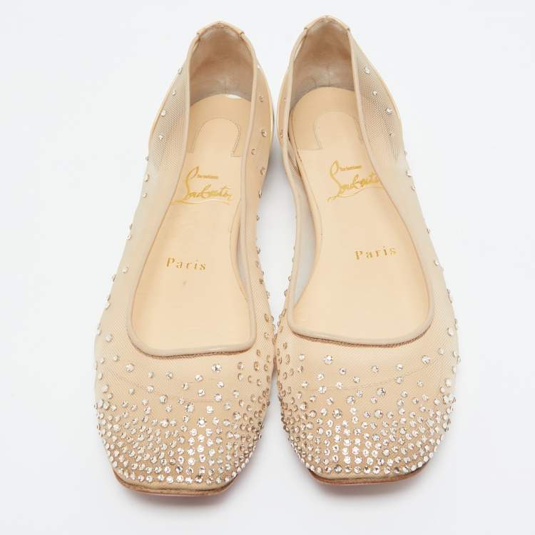 Pre Owned Christian Louboutin Beige Crystal Embellished Mesh Square Toe Ballet Flats Size 38.5
