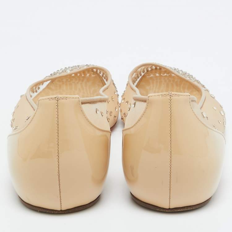 Pre Owned Christian Louboutin Beige Crystal Embellished Mesh Square Toe Ballet Flats Size 38.5