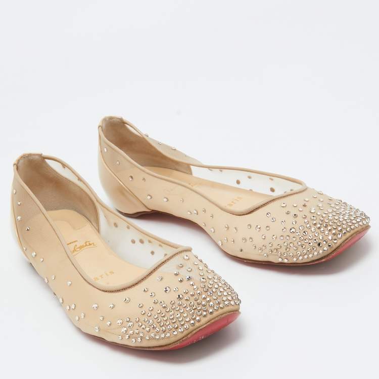Pre Owned Christian Louboutin Beige Crystal Embellished Mesh Square Toe Ballet Flats Size 38.5
