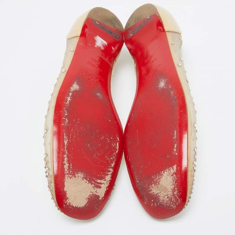 Pre Owned Christian Louboutin Beige Crystal Embellished Mesh Square Toe Ballet Flats Size 38.5