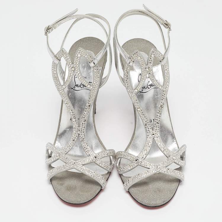 Pre Owned Christian Louboutin Silver Leather Crystal Embellished Double L Sandals Size 39