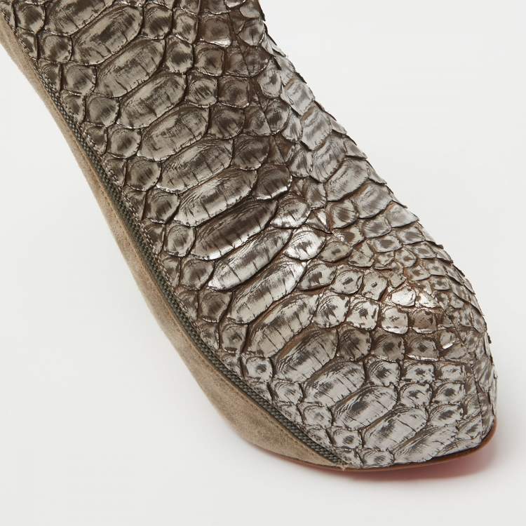 Pre Owned Christian Louboutin Metallic Python and Suede 4A Booties Size 38.5