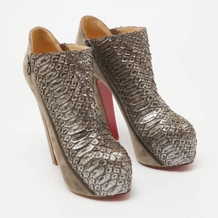 Pre Owned Christian Louboutin Metallic Python and Suede 4A Booties Size 38.5