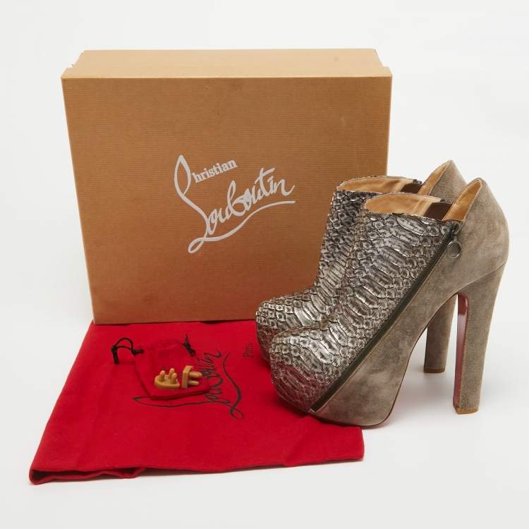 Pre Owned Christian Louboutin Metallic Python and Suede 4A Booties Size 38.5