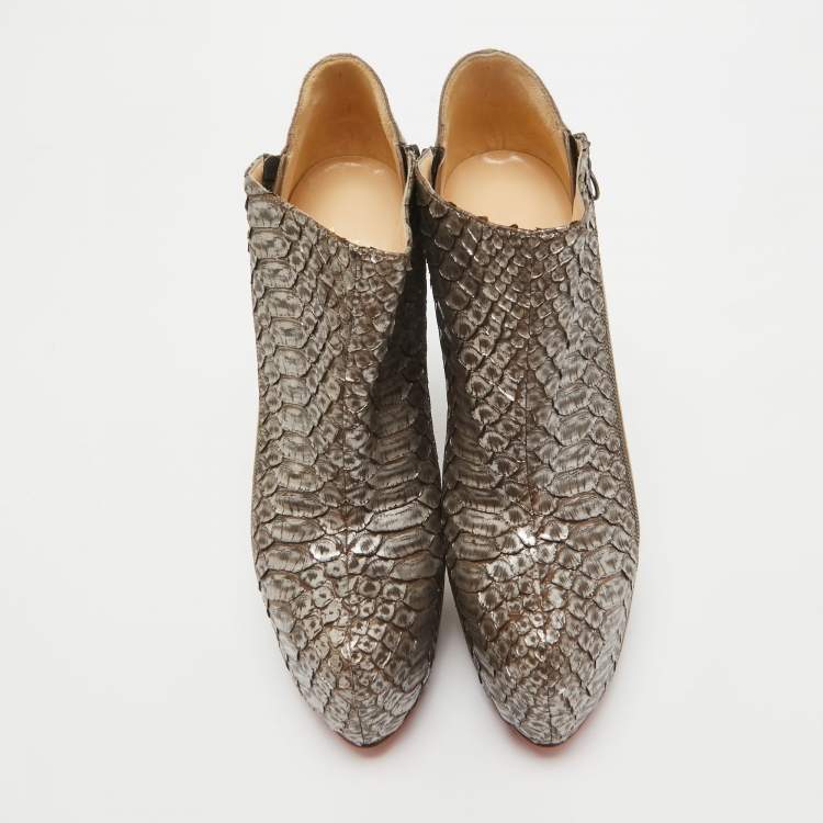 Pre Owned Christian Louboutin Metallic Python and Suede 4A Booties Size 38.5
