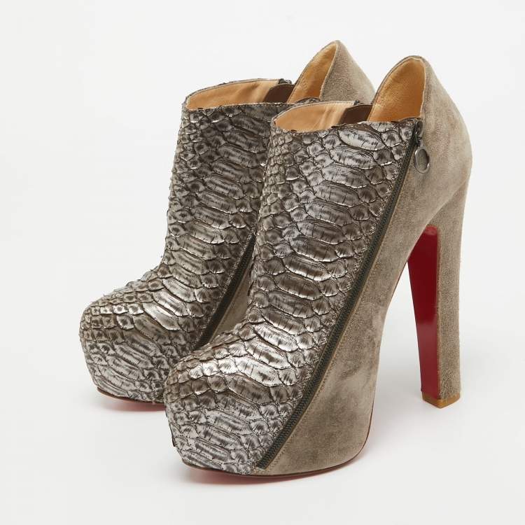 Pre Owned Christian Louboutin Metallic Python and Suede 4A Booties Size 38.5