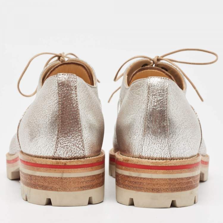 Pre Owned Christian Louboutin Silver Textured Leather Hubertus Donna Lace Up Oxfords Size 36