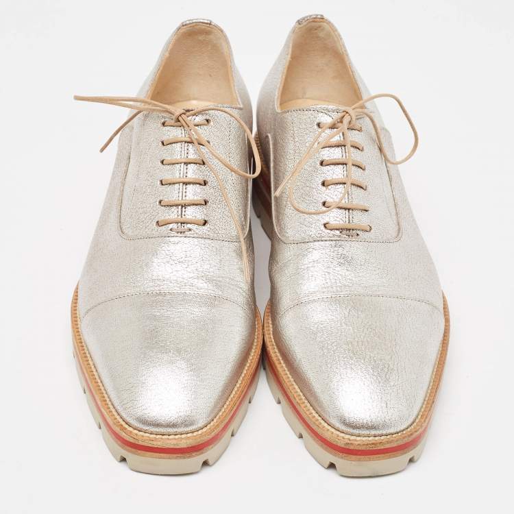 Pre Owned Christian Louboutin Silver Textured Leather Hubertus Donna Lace Up Oxfords Size 36