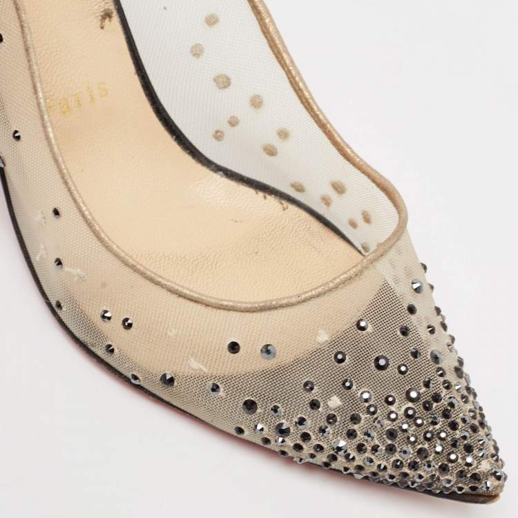 Pre Owned Christian Louboutin Black Glitter Fabric and Mesh Follies Strass Pumps Size 38.5