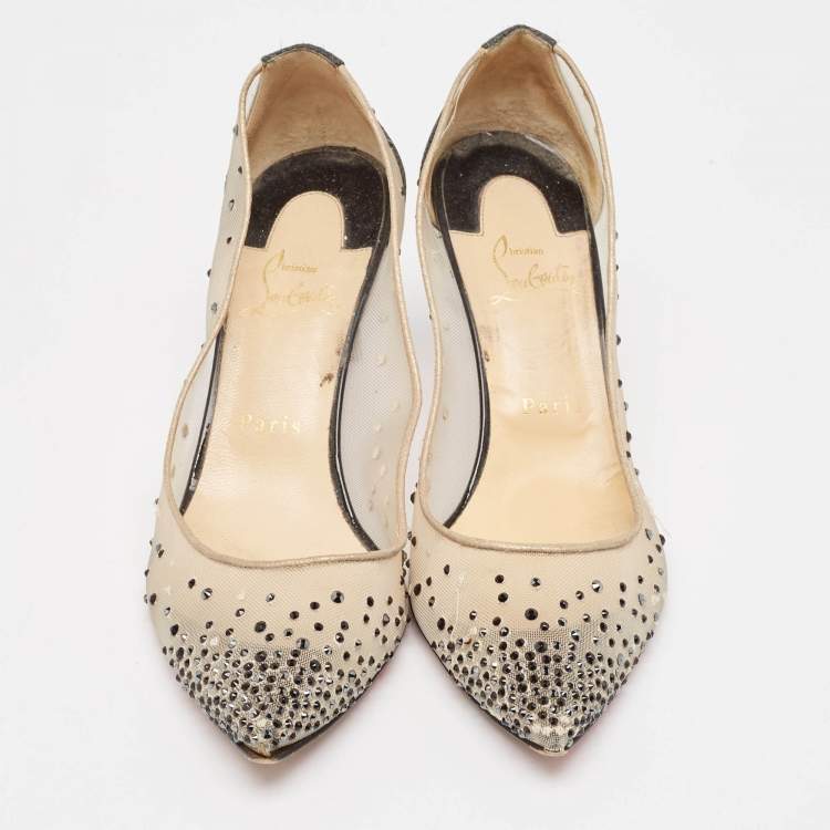Pre Owned Christian Louboutin Black Glitter Fabric and Mesh Follies Strass Pumps Size 38.5