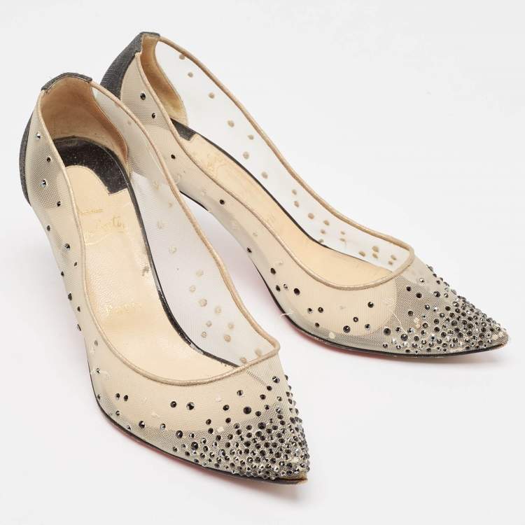 Pre Owned Christian Louboutin Black Glitter Fabric and Mesh Follies Strass Pumps Size 38.5