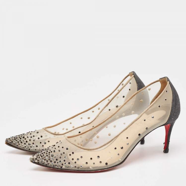 Pre Owned Christian Louboutin Black Glitter Fabric and Mesh Follies Strass Pumps Size 38.5