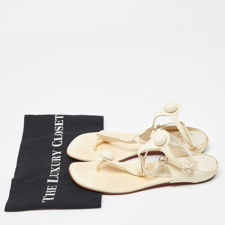 Pre Owned Christian Louboutin Cream Leather Thong Ankle Strap Flat Sandals Size 38.5