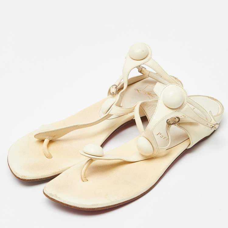 Pre Owned Christian Louboutin Cream Leather Thong Ankle Strap Flat Sandals Size 38.5