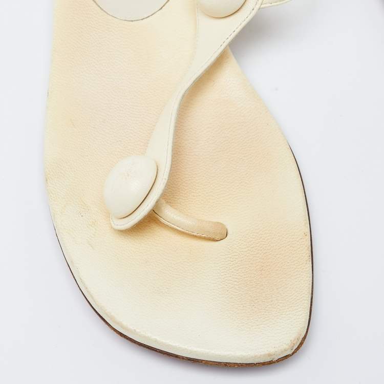 Pre Owned Christian Louboutin Cream Leather Thong Ankle Strap Flat Sandals Size 38.5