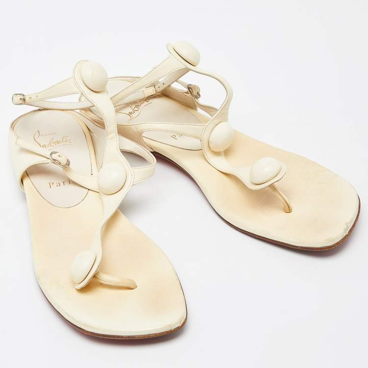 Pre Owned Christian Louboutin Cream Leather Thong Ankle Strap Flat Sandals Size 38.5