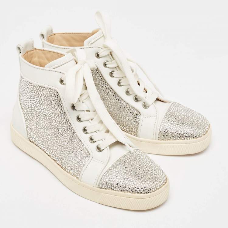 Pre Owned Christian Louboutin White Leather Louis Strass Sneakers Size 35