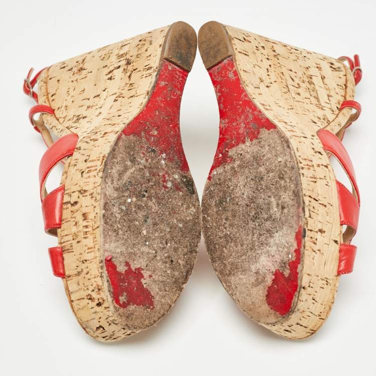Pre Owned Christian Louboutin Red Leather Strappy Cork Wedge Sandals Size 38.5