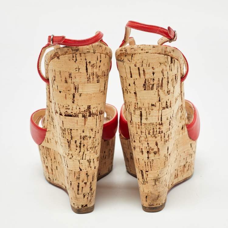 Pre Owned Christian Louboutin Red Leather Strappy Cork Wedge Sandals Size 38.5