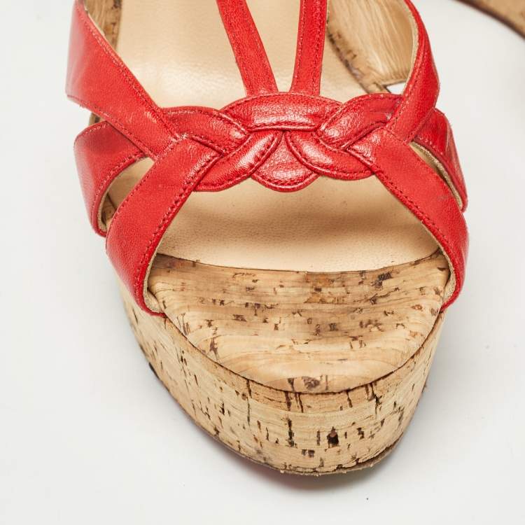 Pre Owned Christian Louboutin Red Leather Strappy Cork Wedge Sandals Size 38.5