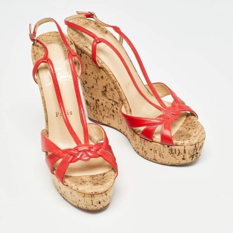 Pre Owned Christian Louboutin Red Leather Strappy Cork Wedge Sandals Size 38.5