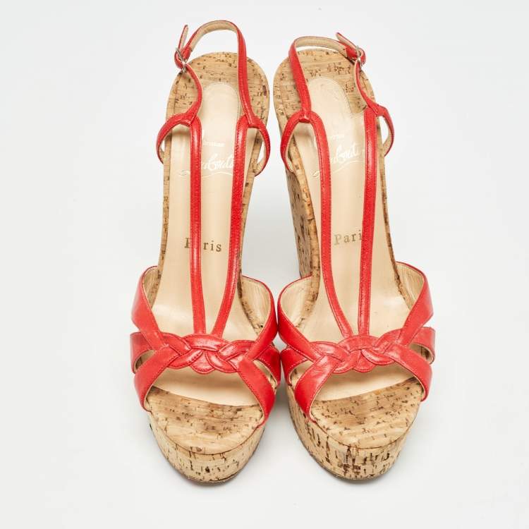 Pre Owned Christian Louboutin Red Leather Strappy Cork Wedge Sandals Size 38.5