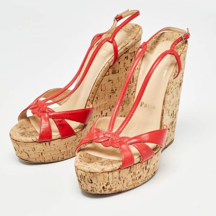 Pre Owned Christian Louboutin Red Leather Strappy Cork Wedge Sandals Size 38.5