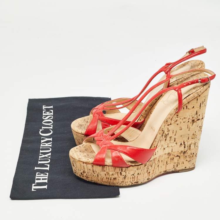 Pre Owned Christian Louboutin Red Leather Strappy Cork Wedge Sandals Size 38.5