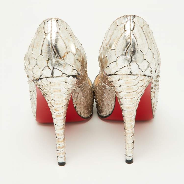 Pre Owned Christian Louboutin Metallic Two-Tone Python Very Prive Peep Toe Pumps Size 40
