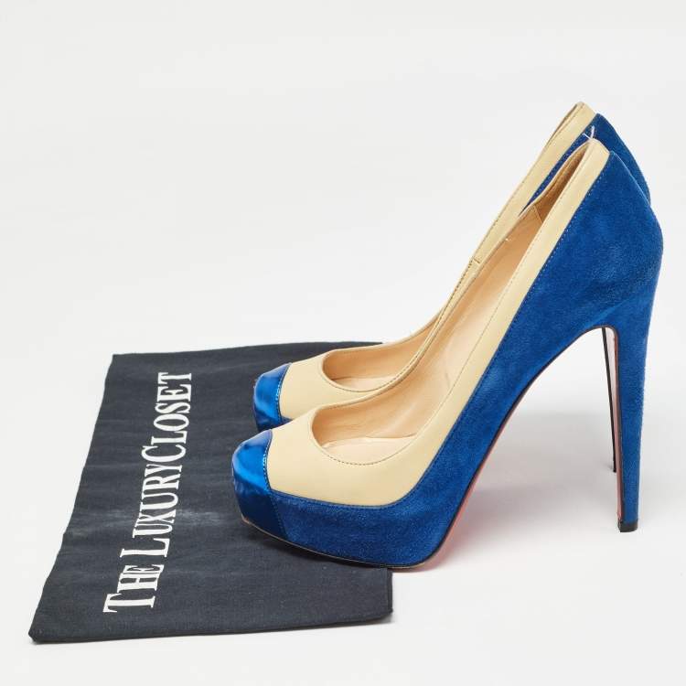 Pre Owned Christian Louboutin Blue/Light Yellow Suede and Leather Pumps Size 36