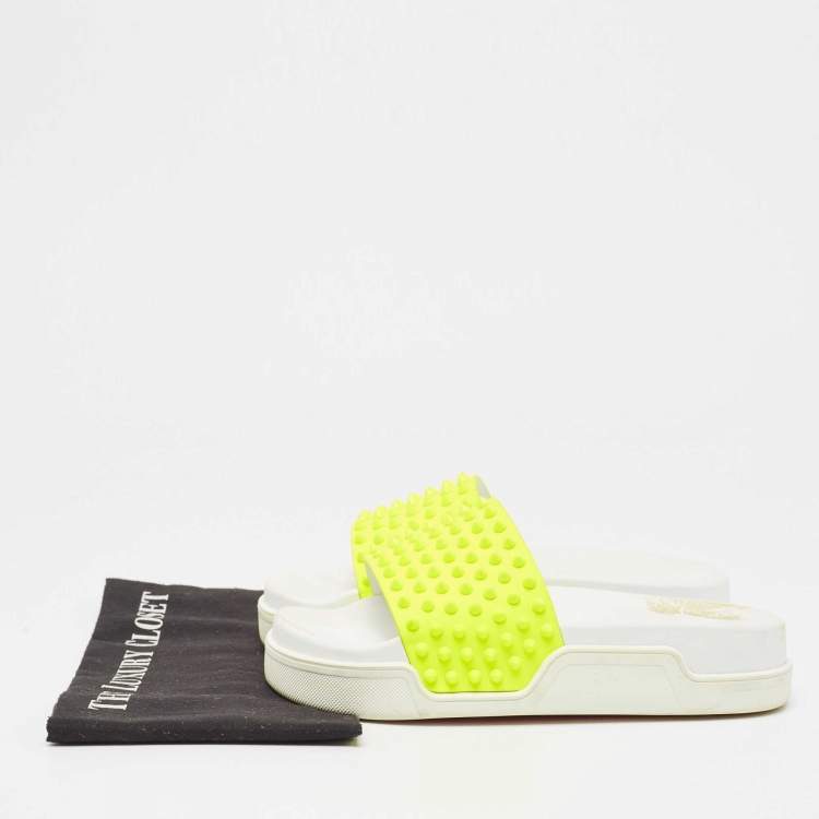 Pre Owned Christian Louboutin Neon Yellow Leather Spikes Pool Fun Flat Slides Size 40