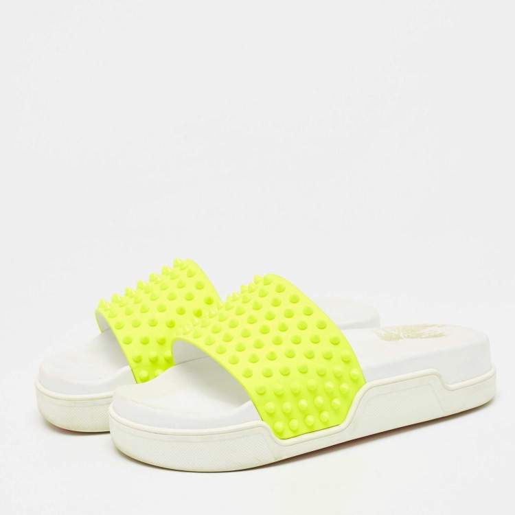 Pre Owned Christian Louboutin Neon Yellow Leather Spikes Pool Fun Flat Slides Size 40