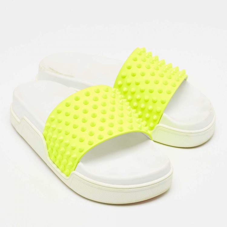 Pre Owned Christian Louboutin Neon Yellow Leather Spikes Pool Fun Flat Slides Size 40