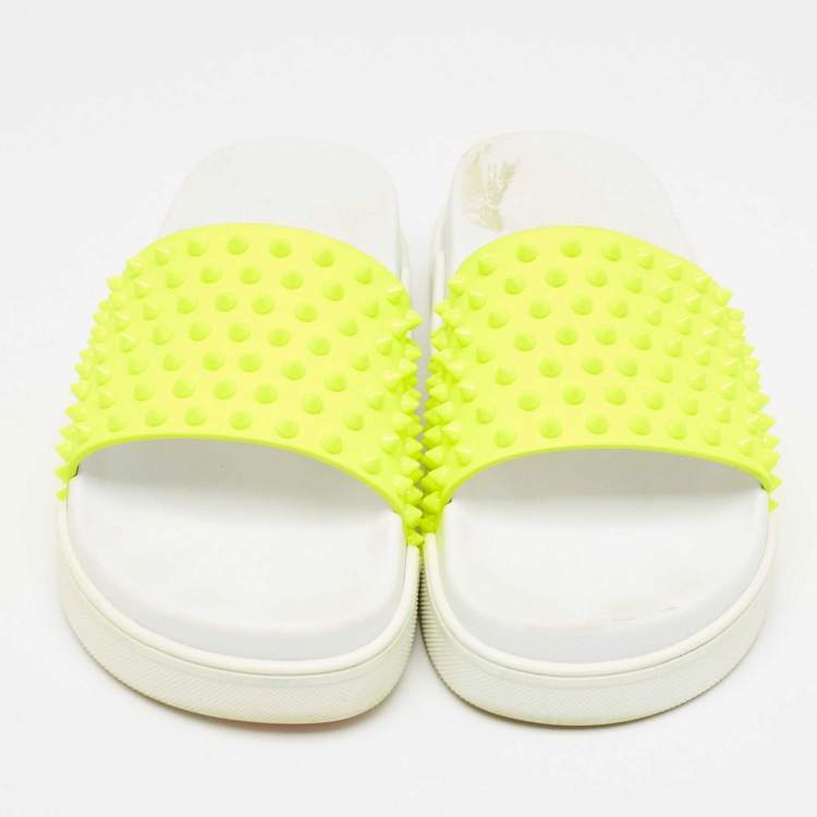 Pre Owned Christian Louboutin Neon Yellow Leather Spikes Pool Fun Flat Slides Size 40