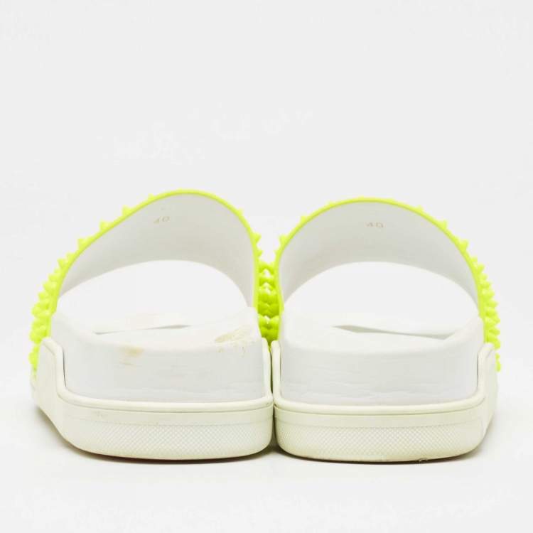 Pre Owned Christian Louboutin Neon Yellow Leather Spikes Pool Fun Flat Slides Size 40