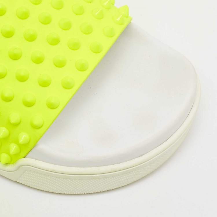 Pre Owned Christian Louboutin Neon Yellow Leather Spikes Pool Fun Flat Slides Size 40