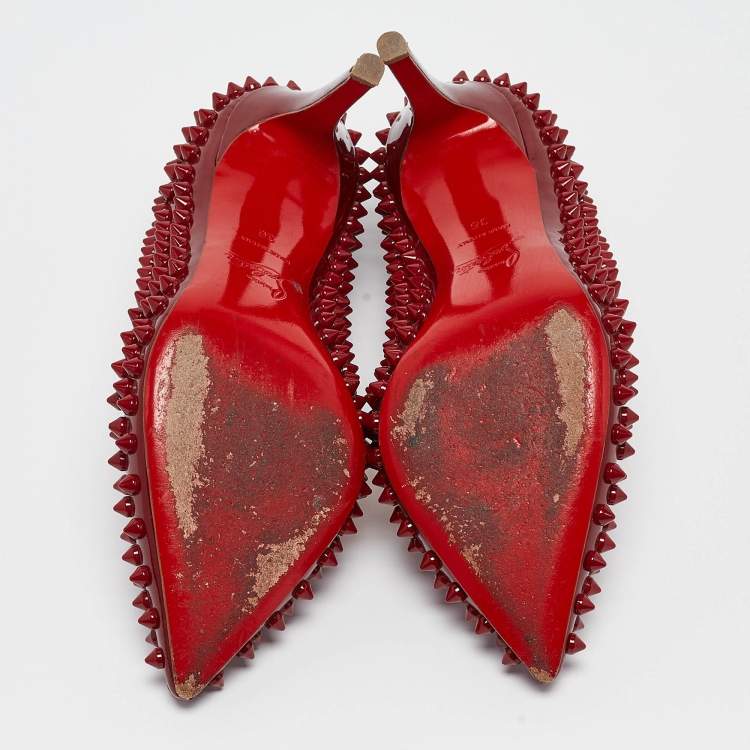 Pre Owned Christian Louboutin Dark Red Patent Leather Pigalle Spikes Pumps Size 36